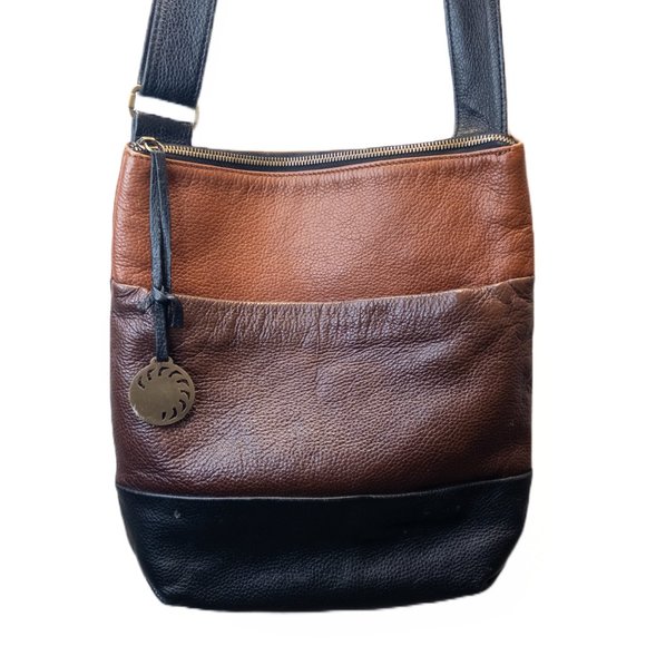 Allo Crossbody Bag Genuine Leather Three Tone Brown Black Medium Boho Purse - Picture 1 of 10